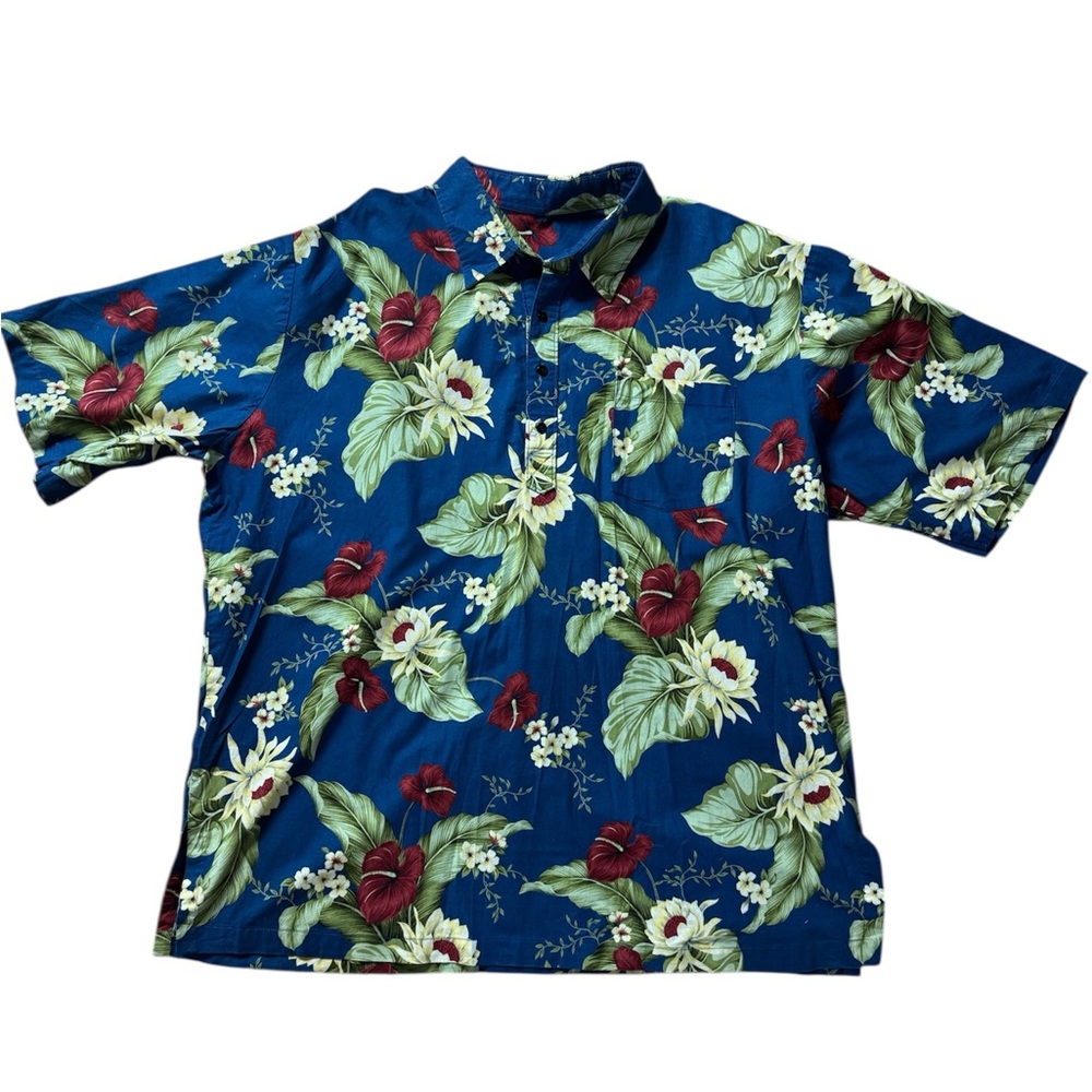 Blue and Green Casual Button Down Shirt with Tropical Print
